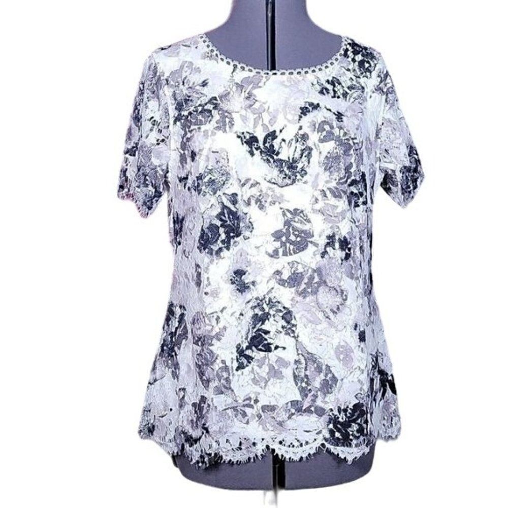 NWOT Isaac Mizrahi Live! Scoop Neck Floral Printed Lace Knit Top Sz S